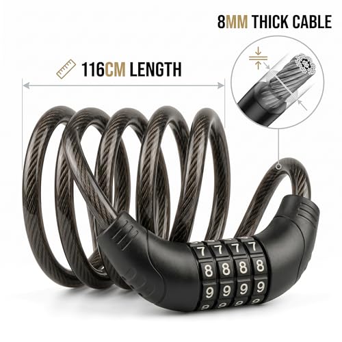 SARTE Multi Use Lock for Bike, Cycle, Helmet, Luggage with 4 Digit Resettable Bike Cable Lock, Heavy Duty Anti-Theft Protection (L 3.11 feet xThickness 8 mm) - Image 2