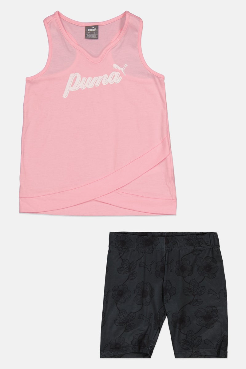 PUMA Kids Girl 2 Pieces Sportwear Fit Top And Short Set, Pink/Dark Grey - Image 1