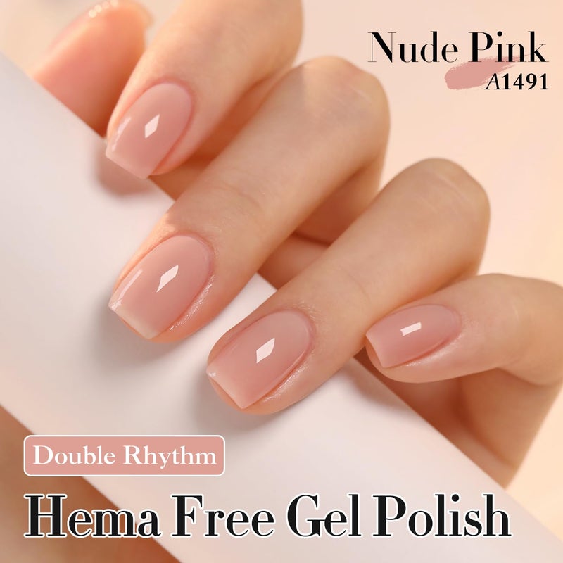 Double Rhythm 0.50 OZ Gel Polish Hema Free Same Color Same Bottle Golden Round Translucent Neutral Natural Milky 15 ML Jelly UV Polish Art DIY at Home (Nude Pink-H1491) - Image 2