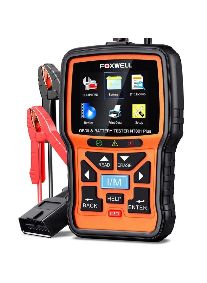 Foxwell Upgraded of NT301, 2-in-1 FOXWELL NT301 Plus OBD2 Scanner Car Battery Tester, Professional Code Reader Check Engine Diagnostic Scanner Tool, 12V Automotive Cranking Charging Analyzer for 1996+ Vehicle - Image 1