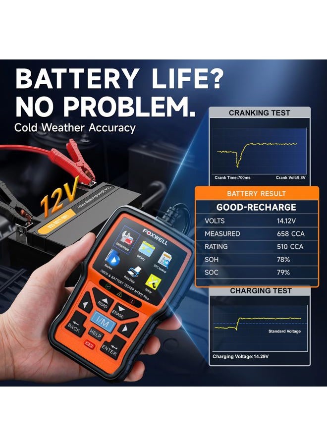 Foxwell Upgraded of NT301, 2-in-1 FOXWELL NT301 Plus OBD2 Scanner Car Battery Tester, Professional Code Reader Check Engine Diagnostic Scanner Tool, 12V Automotive Cranking Charging Analyzer for 1996+ Vehicle - Image 4