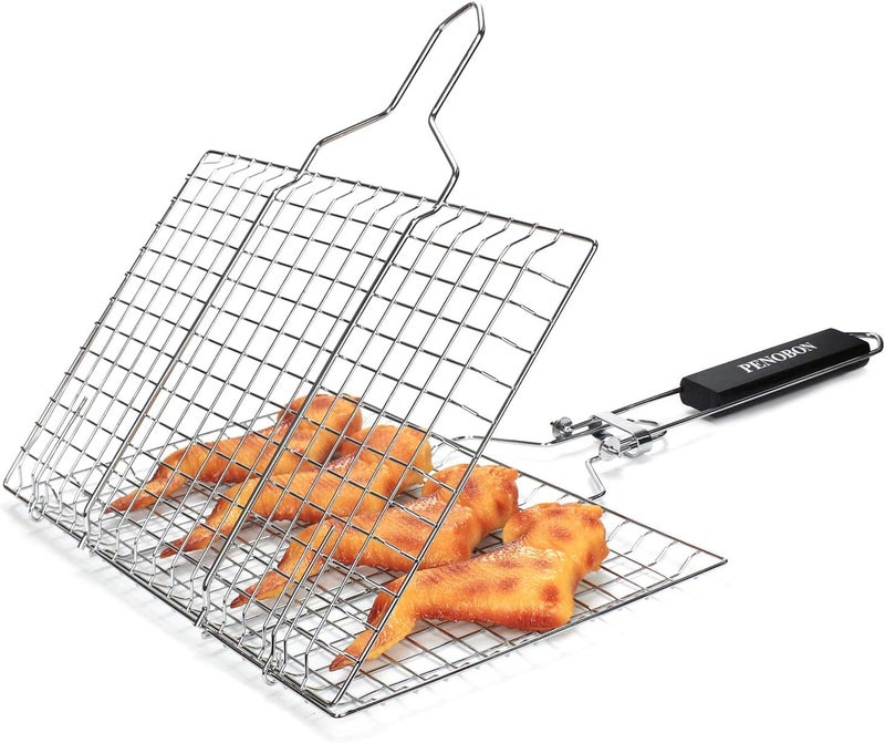 FEELING MALL Grill Basket for Fish Stainless Steel Folding Grilling Basket with Handle Perfect for Grilling Vegetables Fishes Shrimp 1 Pcs - Image 1