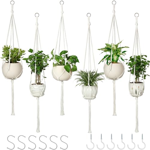 AOMGD 6 Pack Macrame Plant Hanger Indoor Hanging Planters for Indoor Outdoor Plants with 6 S Hooks and 6 Hook Nails, Hanging Plant Holder 43" Boho Home Decor,Ivory - Image 1