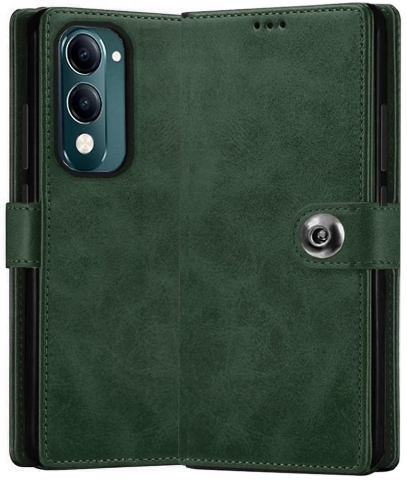 SHINESTAR Ultimate Leather Finish Flip Back Cover for iQOO Z10 Lite 5G / Vivo T4 Lite 5G| Inside TPU & Inbuilt Stand | Wallet Style Back Cover Case | Stylish Button Magnetic Closure - Green - Image 1