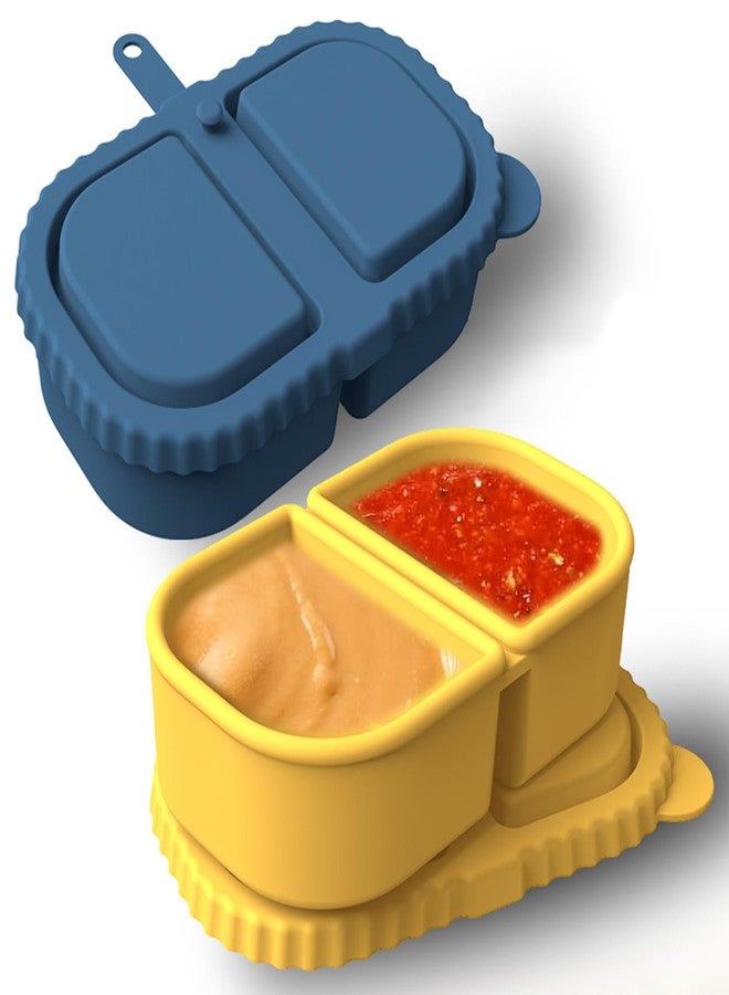 JIELUO 2Pack Reusable Silicone Snack Containers with Lids, Mini Containers 2 Compartments, Portable Silicone Food Storage Box for Picnic, School, Office (Dark Blue + Yellow) - Image 1