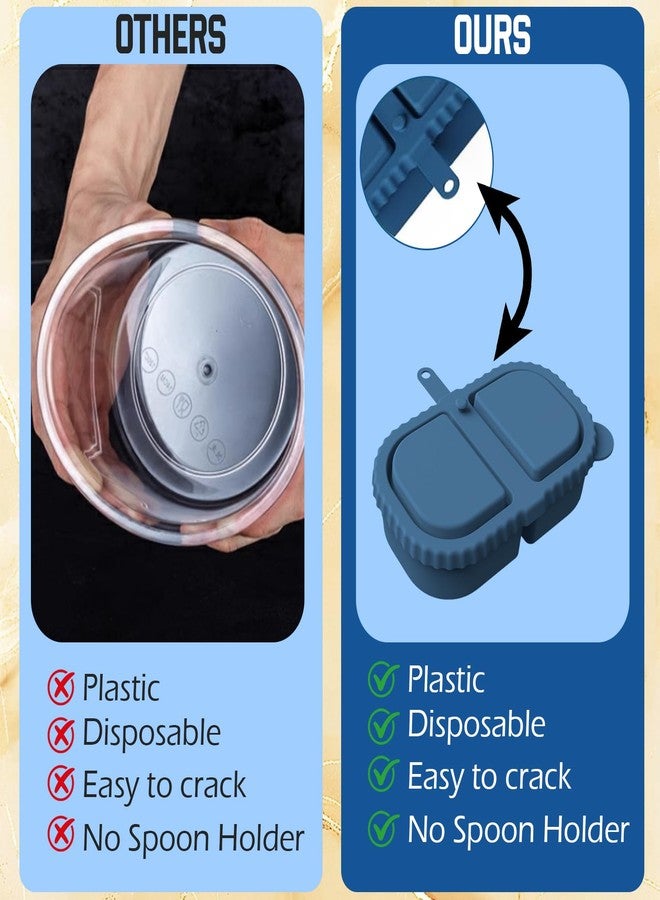 JIELUO 2Pack Reusable Silicone Snack Containers with Lids, Mini Containers 2 Compartments, Portable Silicone Food Storage Box for Picnic, School, Office (Dark Blue + Yellow) - Image 4