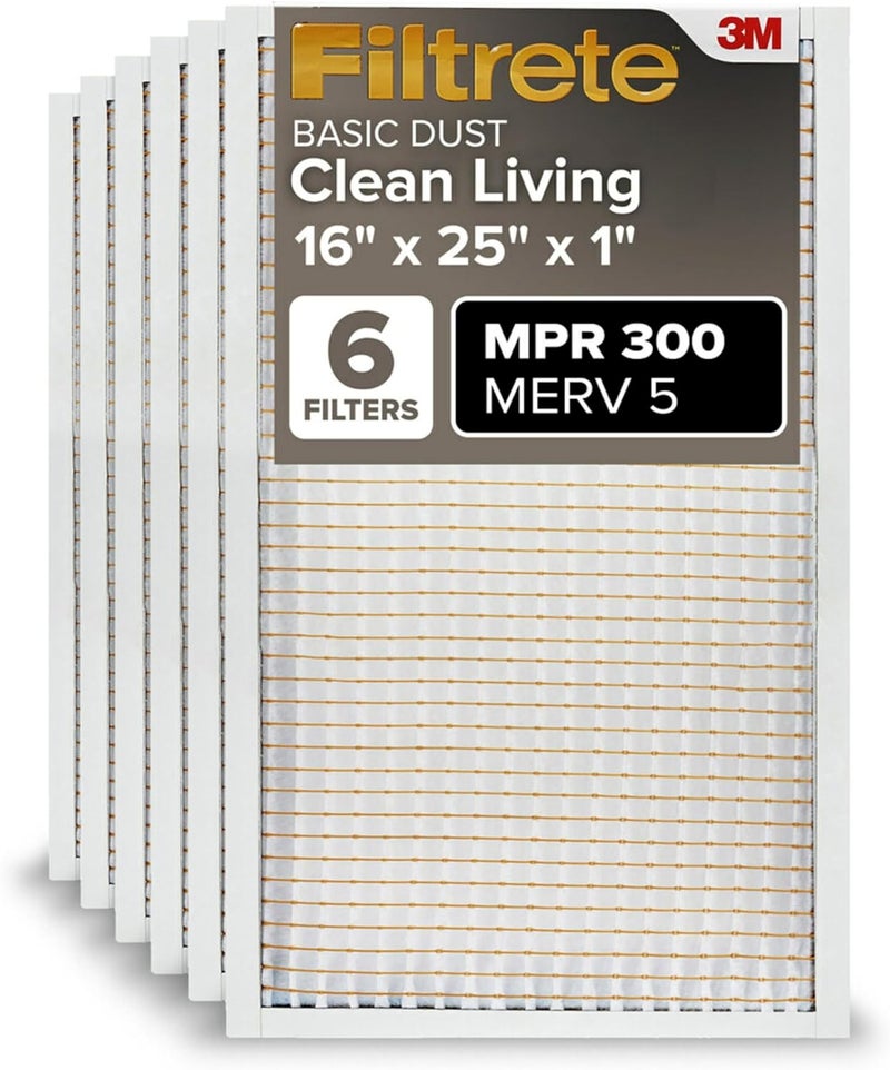 FILTRETE 16x25x1 AC Furnace Air Filter, MERV 5, MPR 300, Capture Unwanted Particles, 3-Month Pleated 1-Inch Electrostatic Air Cleaning Filter, 6-Pack (Actual Size 15.69x24.69x0.81 in) - Image 1