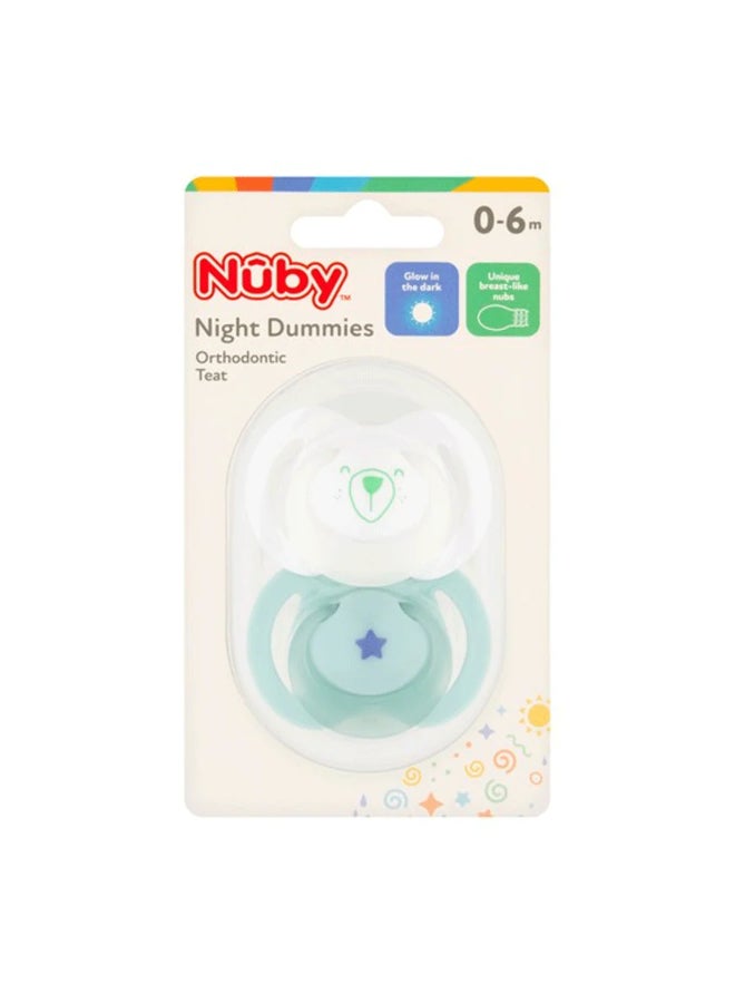 Nuby Nighttime Soothers, 2-Pack, Glow in the Dark Orthodontic Baby Pacifiers for 0-6 Months, Comfort Dummies Set, Pink