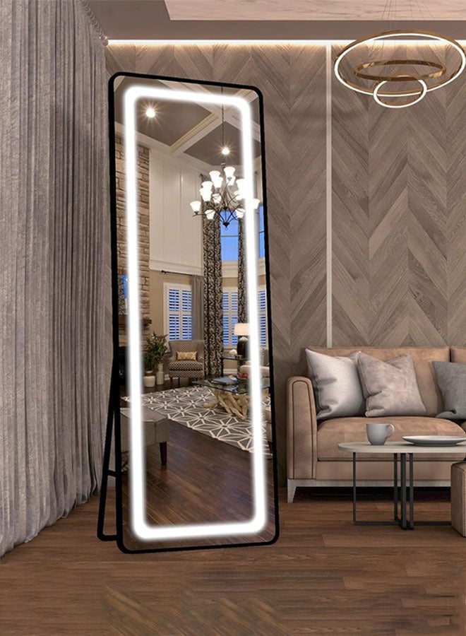 تايمي مراياطويلة مع أضواء 160 × 50 سم LED مرايا طويلة، مرايا أرضية مضاءة قائمة بذاتها، مرايا معلقة على الحائط مع ضوء لغرفة النوم، إطار من الألومنيوم يعتم 3 ألوان إضاءة - Image 1