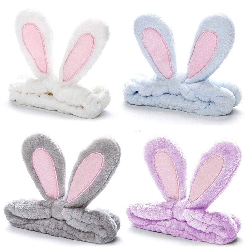 Whaline 4 Pack Easter Bunny Makeup Headband Rabbit Ear Spa Hair Band Coral Fleece Elastic Head Wrap Stretchy Headband for Party Face Washing Beauty Shower Women Girls Blue White Gray Purple
