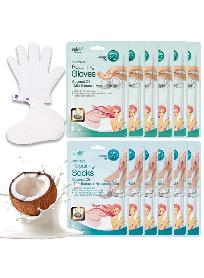 Epielle Intensive Repairing Hand & Foot Masks, Restore and Moisturize Dry, Cracked Skin, Self Care Gifts for Women, Spa Kit, Stocking Stuffers, 6 Moisturizing Gloves & 6 Moisturizing Socks - Image 1