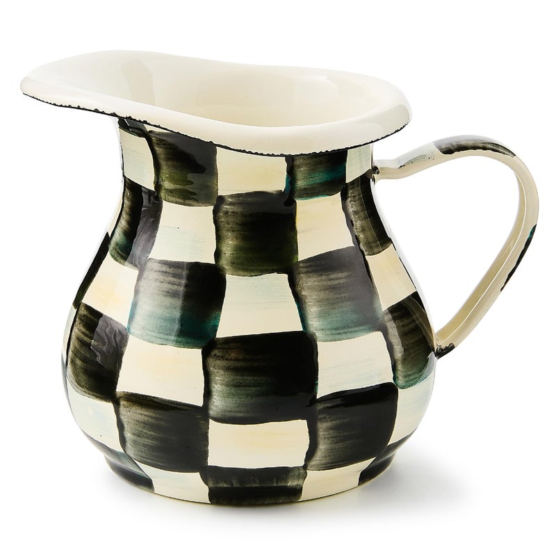 MACKENZIECHILDS Enamel Creamer Creamer Dispenser with Pour Spout Kitchen Enamelware 14Ounce Capacity BlackandWhite Courtly Check