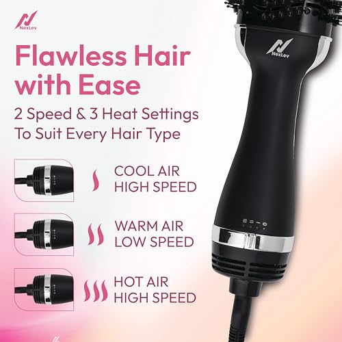 NexLev Ionic Hot Air Brush | 3 in 1 Blow Dryer, Straightener & Styler | 360° Airflow Vents | Ceramic Tourmaline Coated Brushing Head | Tangle Free Bristle | 1200W | 3 Speed & 2 Heat Settings|V-01 - Image 4