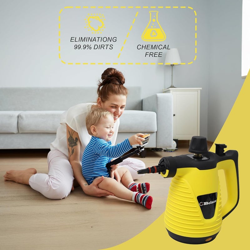 Belaco Multipurpose Steam Cleaner HandHeld with 9 Pieces Accessory kit for Multipurpose Yellow portable steamer for stain removing tiles kitchen bathroom garment car seats & more 1050W British Plug - Image 5