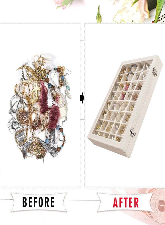 Siveit Velvet Jewelry Tray 48 Grid Jewelry Display Tray Organizer Box with Transparent Lid Rings Earrings Necklaces Pendants Display Box Suitable for Women and Girls (Beige) - Image 5