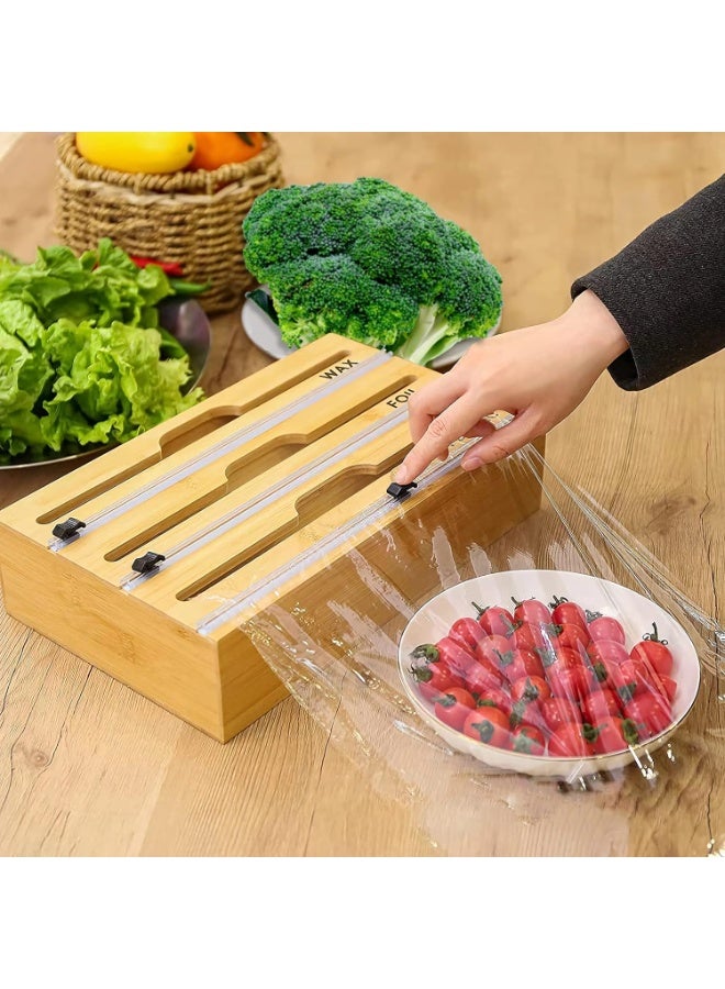 منظم لفافات مطبخ خشب بامبو مع قطاعة مدمجة – حامل رول نايلون واسترتش وورق فويل وواكس – منظم مطبخ عملي للتخزين والتغليف - Image 1