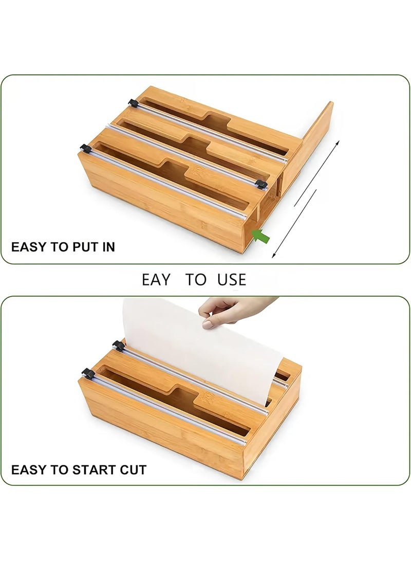 منظم لفافات مطبخ خشب بامبو مع قطاعة مدمجة – حامل رول نايلون واسترتش وورق فويل وواكس – منظم مطبخ عملي للتخزين والتغليف - Image 3