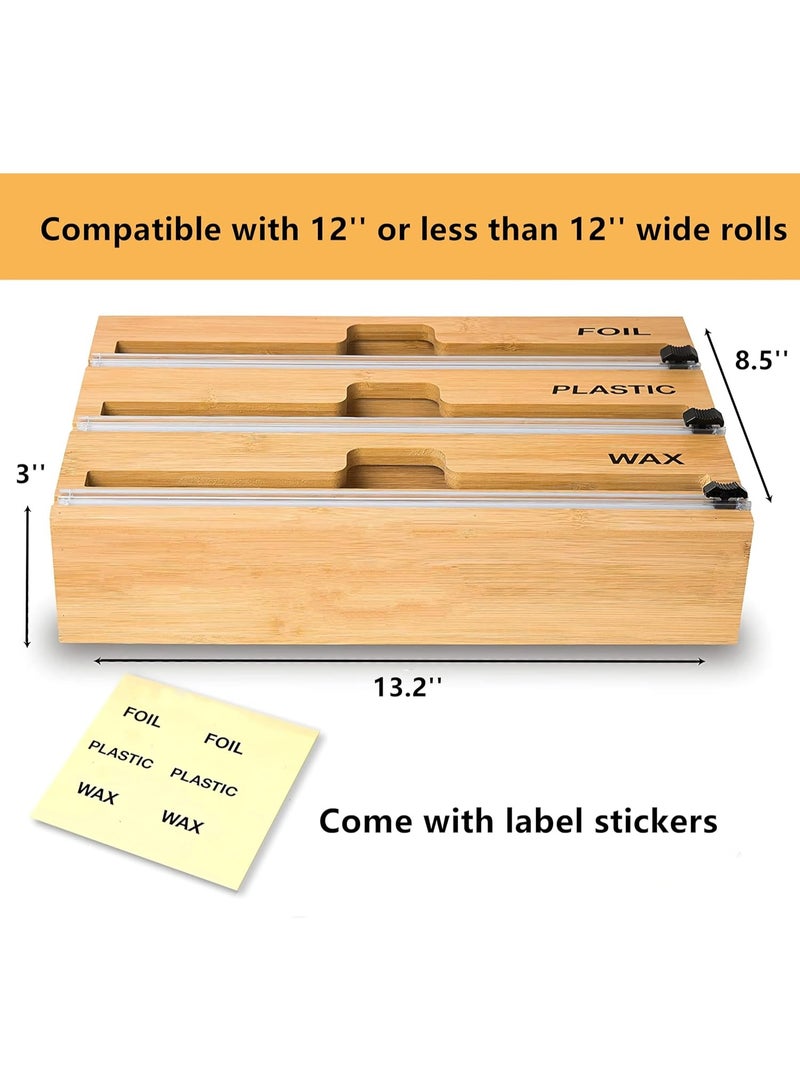 منظم لفافات مطبخ خشب بامبو مع قطاعة مدمجة – حامل رول نايلون واسترتش وورق فويل وواكس – منظم مطبخ عملي للتخزين والتغليف - Image 4