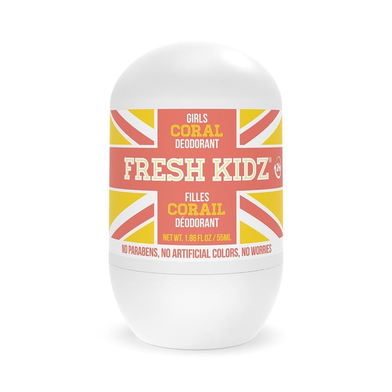 Fresh Kidz Roll On Deodorant for Kids and Teens - Baking Soda and Aluminum-free 24 Hour Protection for Sensitive Skin - Girls "Coral" 1.86 fl.oz. - Image 1