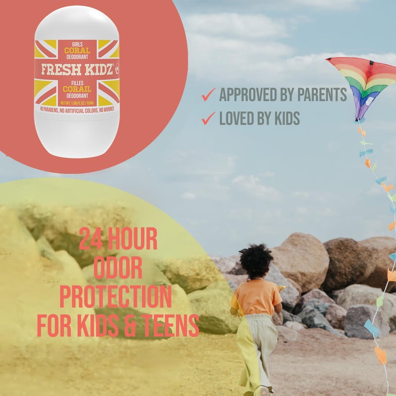 Fresh Kidz Roll On Deodorant for Kids and Teens - Baking Soda and Aluminum-free 24 Hour Protection for Sensitive Skin - Girls "Coral" 1.86 fl.oz. - Image 5