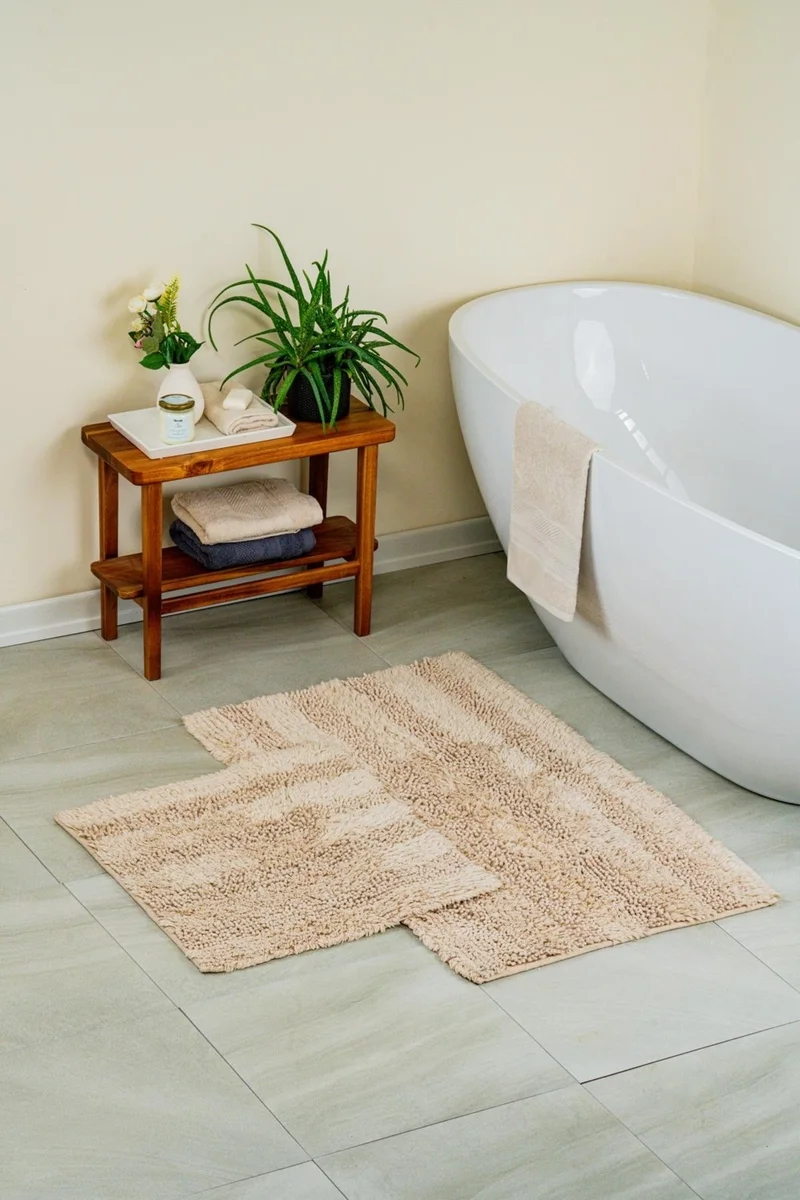 بلونيتي Luxury Softy Natural Cotton 2-Piece Bath Mat Set 60X100+50X60 - Beige