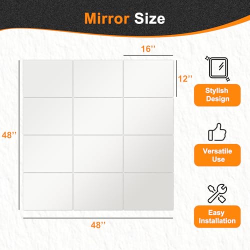 Delma Frameless Mirror Tiles 16"x12"x12 Pcs Wall Mounted, Shatter Resistant Full Length Tempered Glass Panels for Home Gym Bathroom Bedroom & Living Room Decor - Image 3