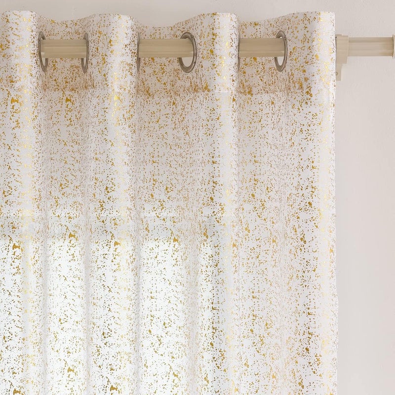 TERLYTEX Gold White Sheer Curtains, 90 Inch Long, Metallic Gold Foil Spots, Shimmer, Grommet, Privacy, 52 x 90 Inch, 2 Panels - Image 1
