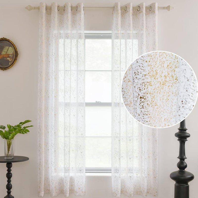 TERLYTEX Gold White Sheer Curtains, 90 Inch Long, Metallic Gold Foil Spots, Shimmer, Grommet, Privacy, 52 x 90 Inch, 2 Panels - Image 2