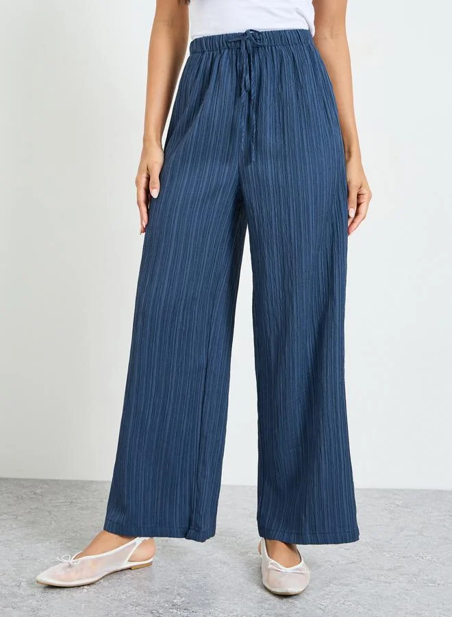 Take Two Dark Blue Wide-Leg Ribbed Trousers