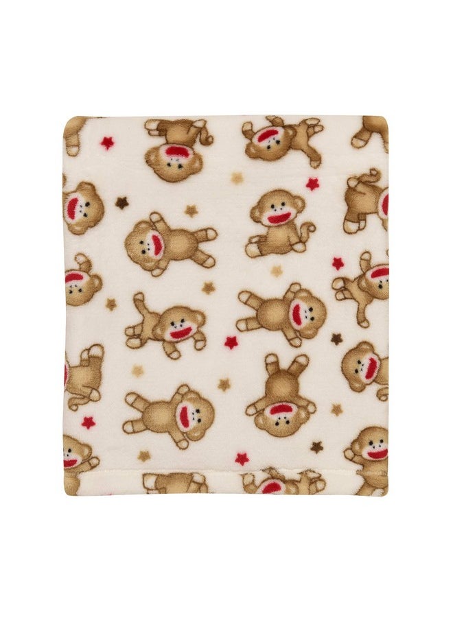 Baby Starters - Super Soft Sock Monkey Baby Blanket For Newborns And New Moms (Ivory And Red 30"X40") - Image 1