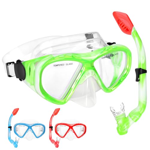 ACQCES Kids Snorkel Set Dry Top Snorkeling Gear for Kids Youth Boys Girls Junior Age 5-15,Tempered Glass Swimming Diving Mask and Snorkel Set 180 Degree Panoramic View (Green) - Image 1