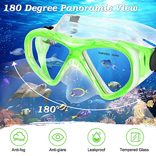 ACQCES Kids Snorkel Set Dry Top Snorkeling Gear for Kids Youth Boys Girls Junior Age 5-15,Tempered Glass Swimming Diving Mask and Snorkel Set 180 Degree Panoramic View (Green) - Image 3