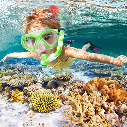 ACQCES Kids Snorkel Set Dry Top Snorkeling Gear for Kids Youth Boys Girls Junior Age 5-15,Tempered Glass Swimming Diving Mask and Snorkel Set 180 Degree Panoramic View (Green) - Image 2