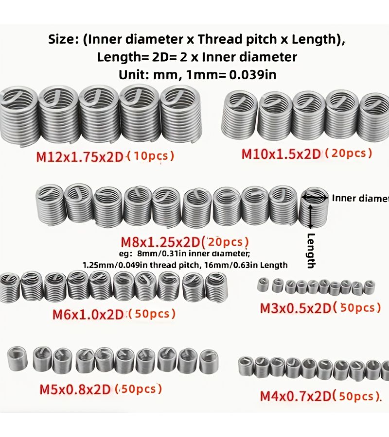 M3 M4 M5 M6 M8 M10 M12 Stainless Steel Wire Thread Insert Kit 50pcs - Image 1