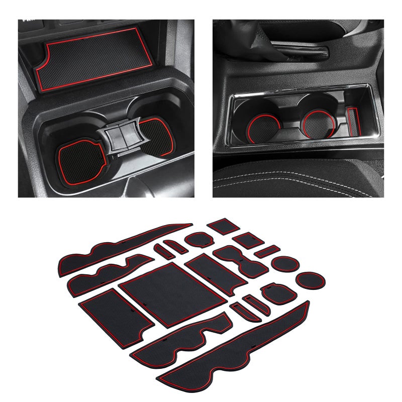 JKCOVER Premium Custom Liner Mat Accessories Compatible with Toyota Tacoma 2016 2017 2018 2019 2020 2021 2022 2023 Cup Holder Door Pocket and Center Console Inserts 19 Pcs Double Cab Red Trim