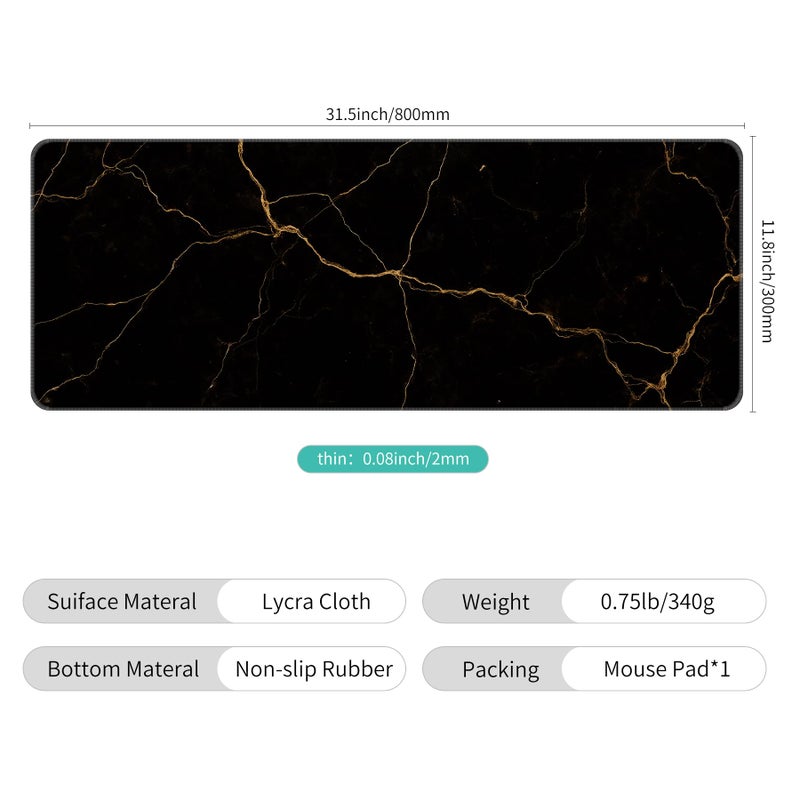 Dynippy Thin Extended Gaming Mouse Pad ï¼ˆ31.5 * 11.8 * 0.08 inchï¼‰ with Stitched Edges Large Mousepad Long XXL Keyboard and Mouse pad Desk Mat for Gaming Office & Home - Black Gold Marble - Image 2