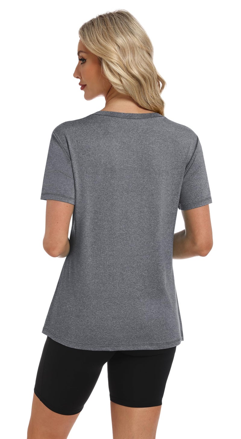 NIASHOT Short Sleeve Shirts for Women Workout Yoga Tops Sun Protection Hiking Clothing Summer Outfits Rash Guard Grey XL - Image 5