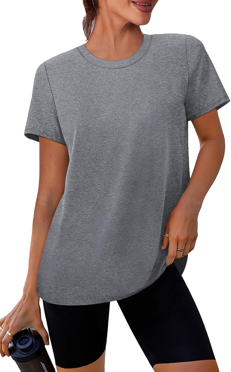 NIASHOT Short Sleeve Shirts for Women Workout Yoga Tops Sun Protection Hiking Clothing Summer Outfits Rash Guard Grey XL - Image 1