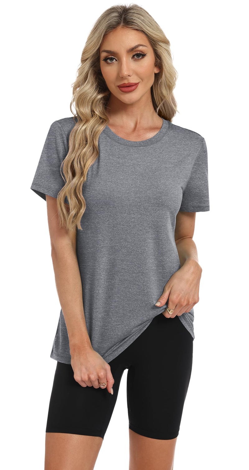 NIASHOT Short Sleeve Shirts for Women Workout Yoga Tops Sun Protection Hiking Clothing Summer Outfits Rash Guard Grey XL - Image 2