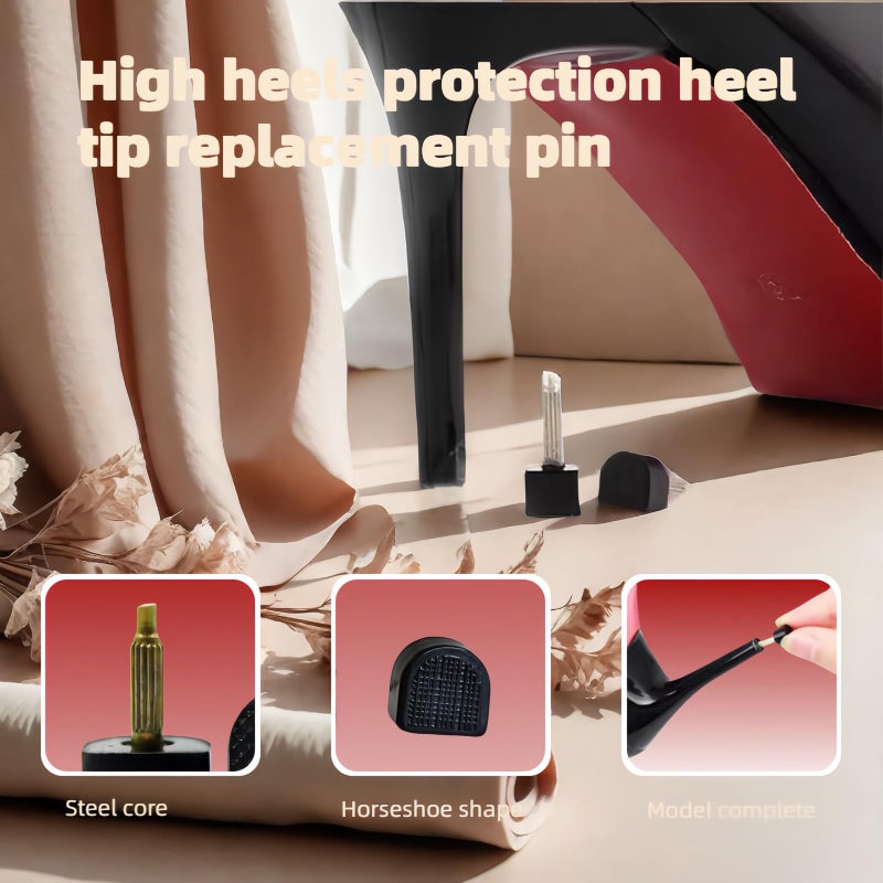 RyanDesign 10 Pairs High Heel Tips Replacement - U/Cap Style, 2.4mm & 3mm Metal Core, 5 Sizes (8-12mm) | Durable Non-Slip Heel Caps for Women's Shoes | Quiet, Quick DIY Installation (Black) - Image 2
