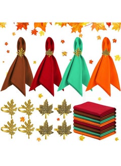 eBoot 16 Pcs Fall Thanksgiving Napkin Ring Set 8 Pcs Napkin Rings And 8 Pcs Washable Thanksgiving Dinner Napkins For Fall Party Holiday Kitchen Table Decoration For Autumn Party Supplies Decor (Maple)  - Image 2