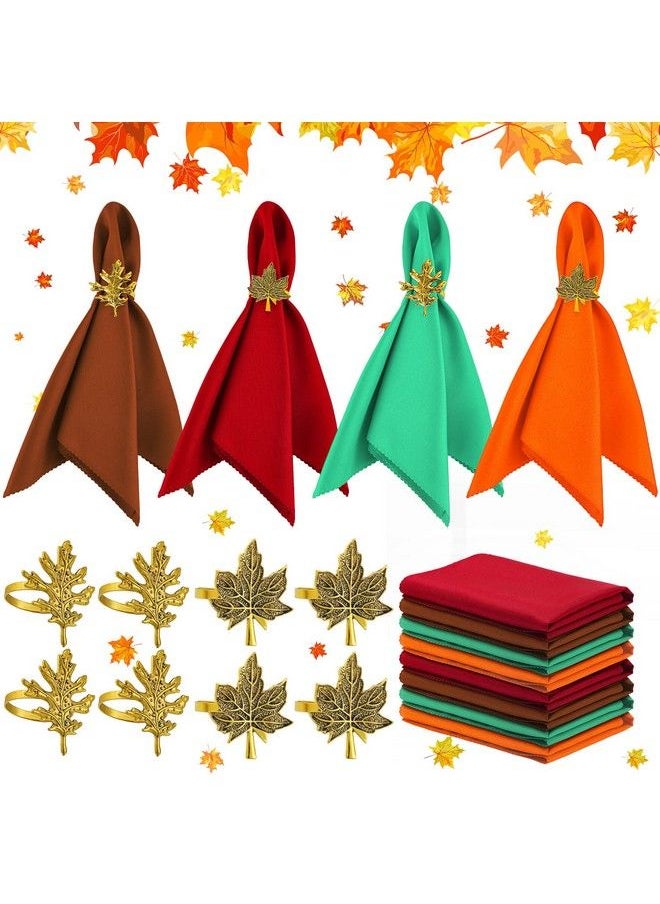eBoot - 16 Pcs Fall Thanksgiving Napkin Ring Set 8 Pcs Napkin Rings And 8 Pcs Washable Thanksgiving Dinner Napkins For Fall Party Holiday Kitchen Table Decoration For Autumn Party Supplies Decor (Maple) - Image 1
