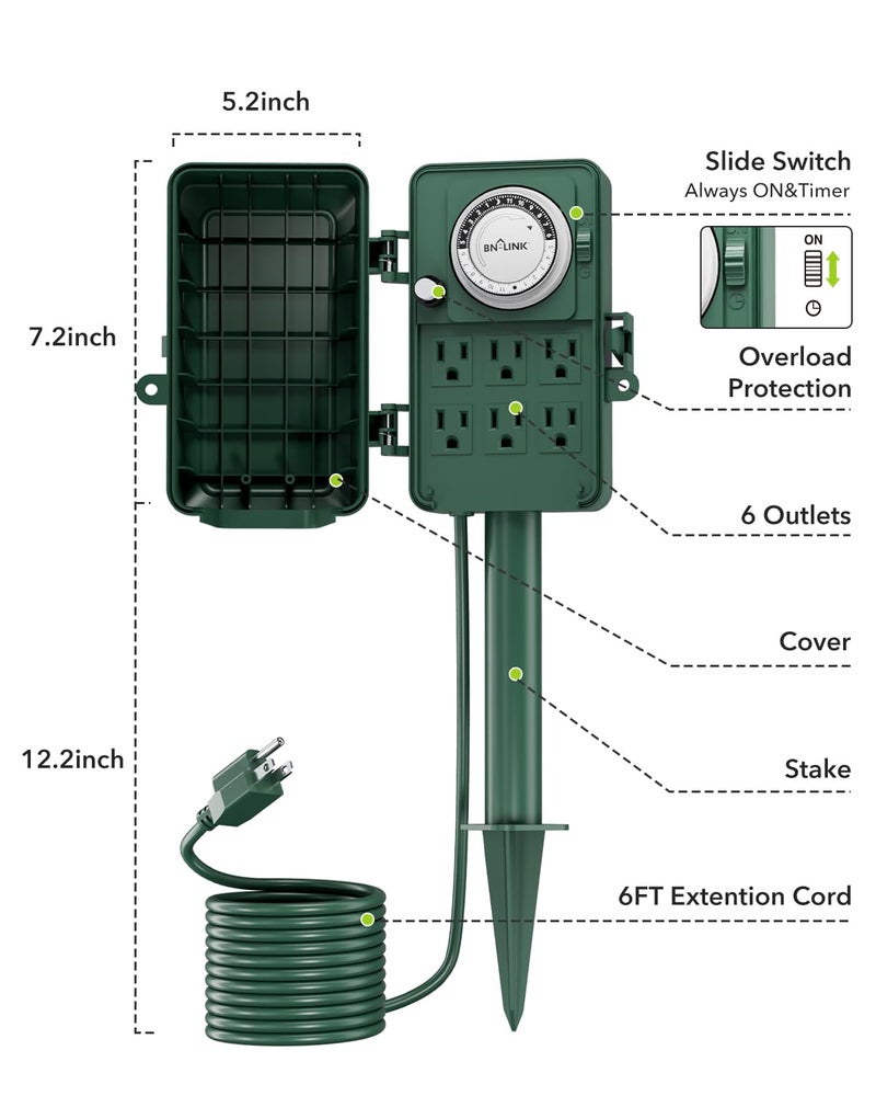 BN-LINK Outdoor Power Stake Timer Waterproof, 24-Hour Mechanical Timer with 6 Grounded Outlets, 6FT Extension Cord for Halloween/Christmas Decor Lights, ETL Listed - Image 2