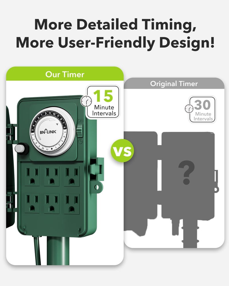 BN-LINK Outdoor Power Stake Timer Waterproof, 24-Hour Mechanical Timer with 6 Grounded Outlets, 6FT Extension Cord for Halloween/Christmas Decor Lights, ETL Listed - Image 3