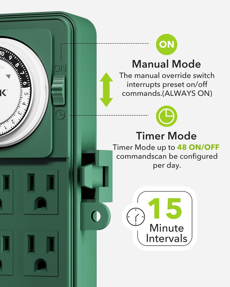 BN-LINK Outdoor Power Stake Timer Waterproof, 24-Hour Mechanical Timer with 6 Grounded Outlets, 6FT Extension Cord for Halloween/Christmas Decor Lights, ETL Listed - Image 4