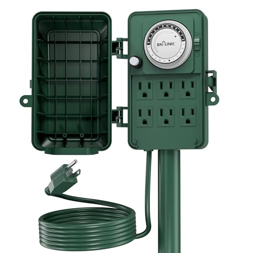 BN-LINK Outdoor Power Stake Timer Waterproof, 24-Hour Mechanical Timer with 6 Grounded Outlets, 6FT Extension Cord for Halloween/Christmas Decor Lights, ETL Listed - Image 1