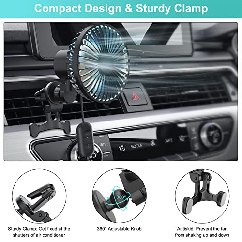 Amsdifio Car Fan, with Clip On, Oscillation Fan with Powerful 3 Speed, 360 Degree Rotatable, RGB Lighting, Auto Cooling Air Fan for Car, Truck, SUV, RV, Vehicles (5V, Black) - Image 4