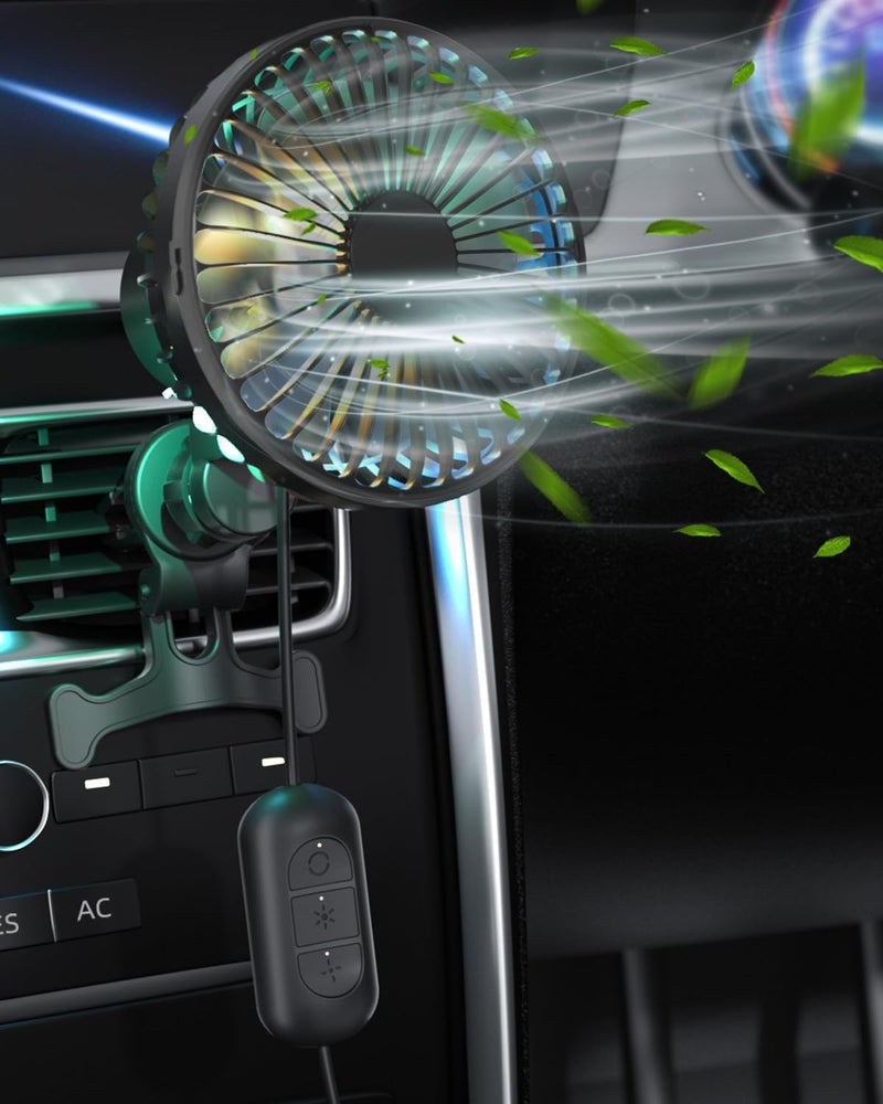 Amsdifio Car Fan, with Clip On, Oscillation Fan with Powerful 3 Speed, 360 Degree Rotatable, RGB Lighting, Auto Cooling Air Fan for Car, Truck, SUV, RV, Vehicles (5V, Black) - Image 1