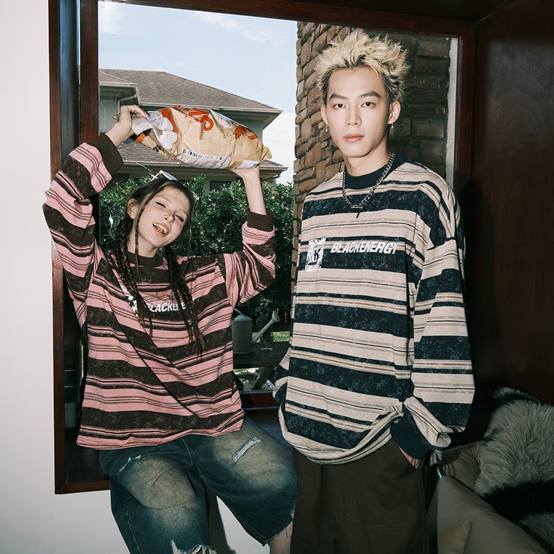 Richdeer American Style Lazy Chic Tie-Dye Striped Oversize Long Sleeve T-Shirt Retro Couple T-Shirt - Image 3