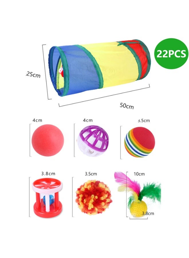 Flushrenic A set of 22 cat toys, including an interactive feather toy, a non erasable mouse doll, a polyester wrinkled ball bell toy strap, and a foldable tunnel, among other cat toys - Image 2